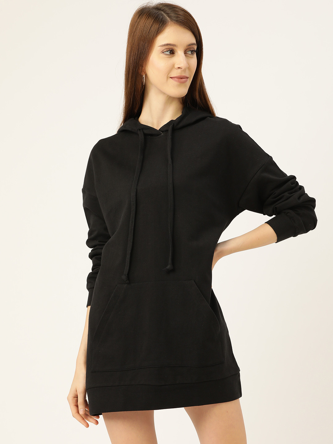 

Besiva Women Black Pure Cotton Solid Hooded Sweatshirt Dress