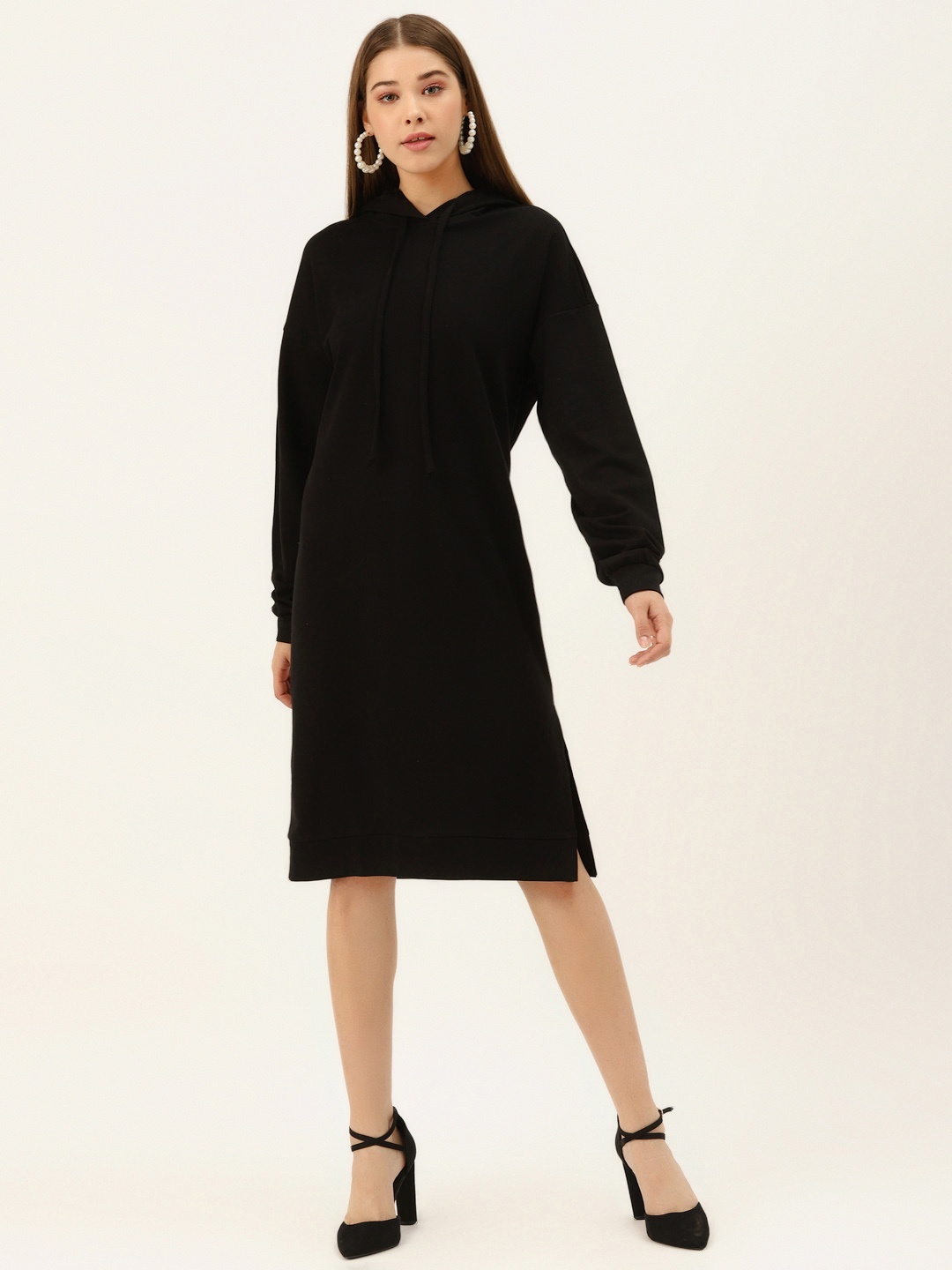 

Besiva Women Black Pure Cotton Solid Hooded Sweatshirt Dress
