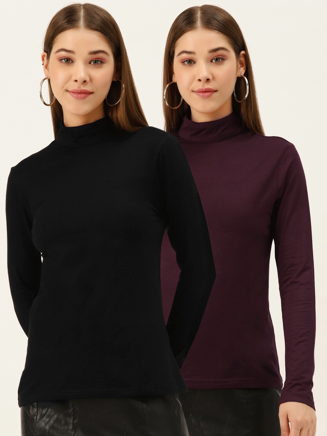 

Besiva Women Pack Of 2 Burgundy & Black Solid Regular High-Neck Tops
