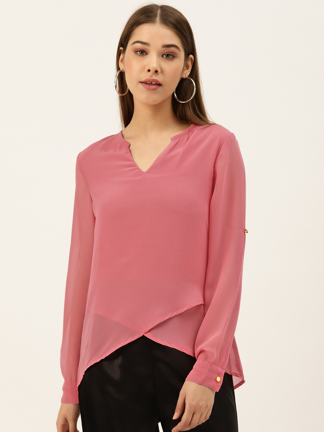 

Besiva Women Pink Solid Top With Tulip Hem