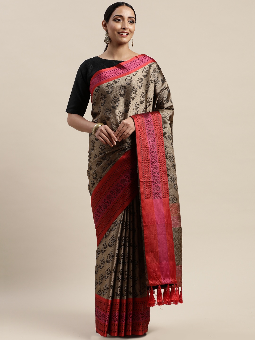 

VASTRANAND Brown & Red Silk Blend Woven Design Kanjeevaram Saree