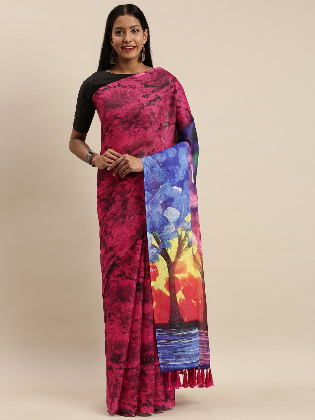 

VASTRANAND Pink & Black Linen Blend Printed Saree