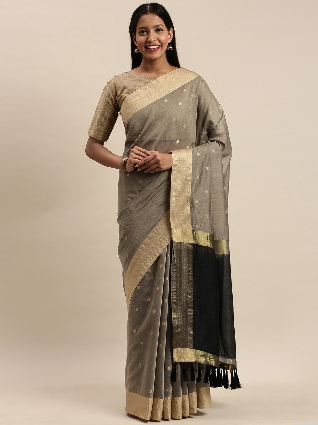 

VASTRANAND Cream-Coloured & Gold-Toned Silk Blend Woven Design Banarasi Saree