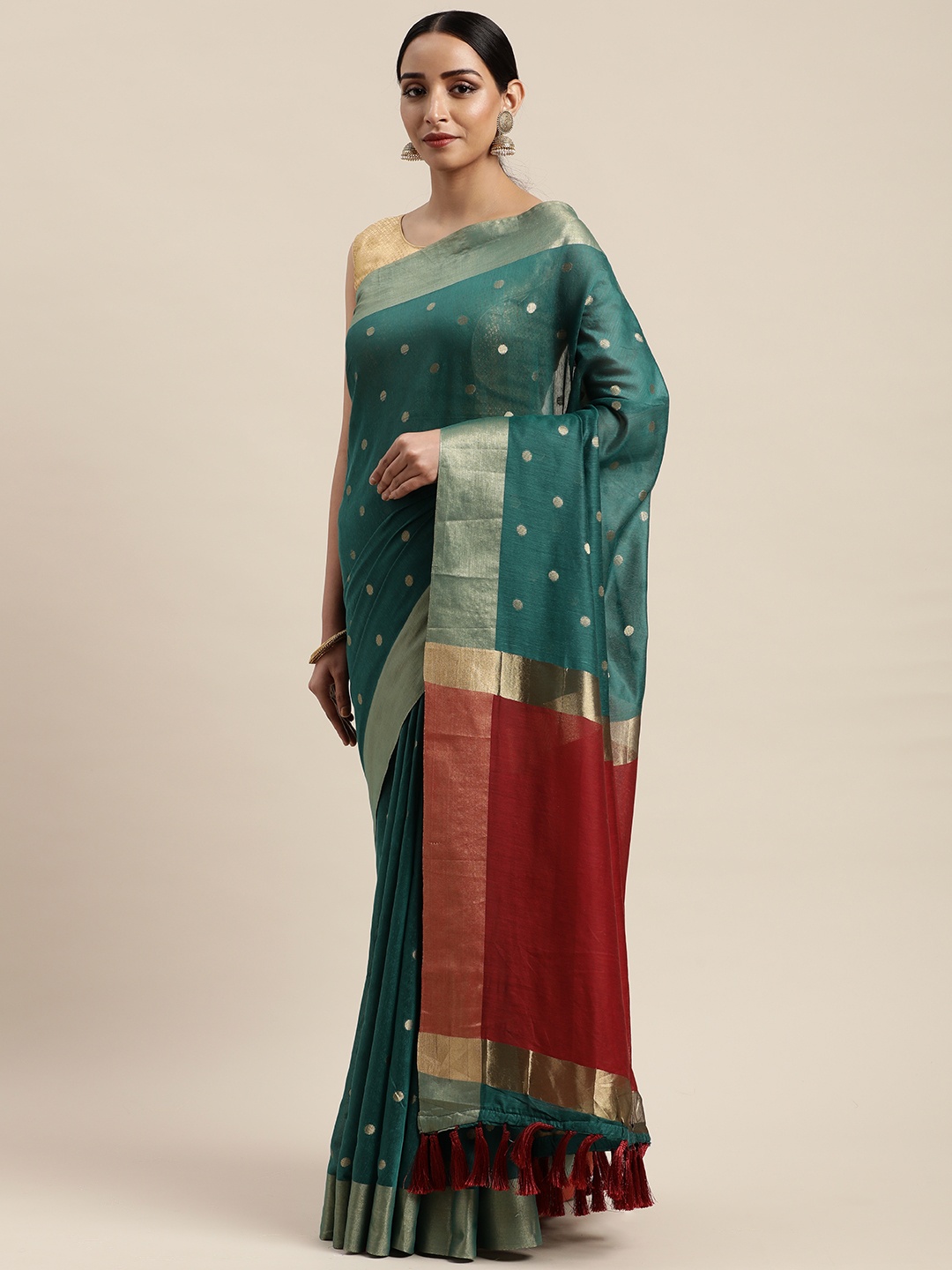 

VASTRANAND Green & Maroon Silk Blend Woven Design Banarasi Saree