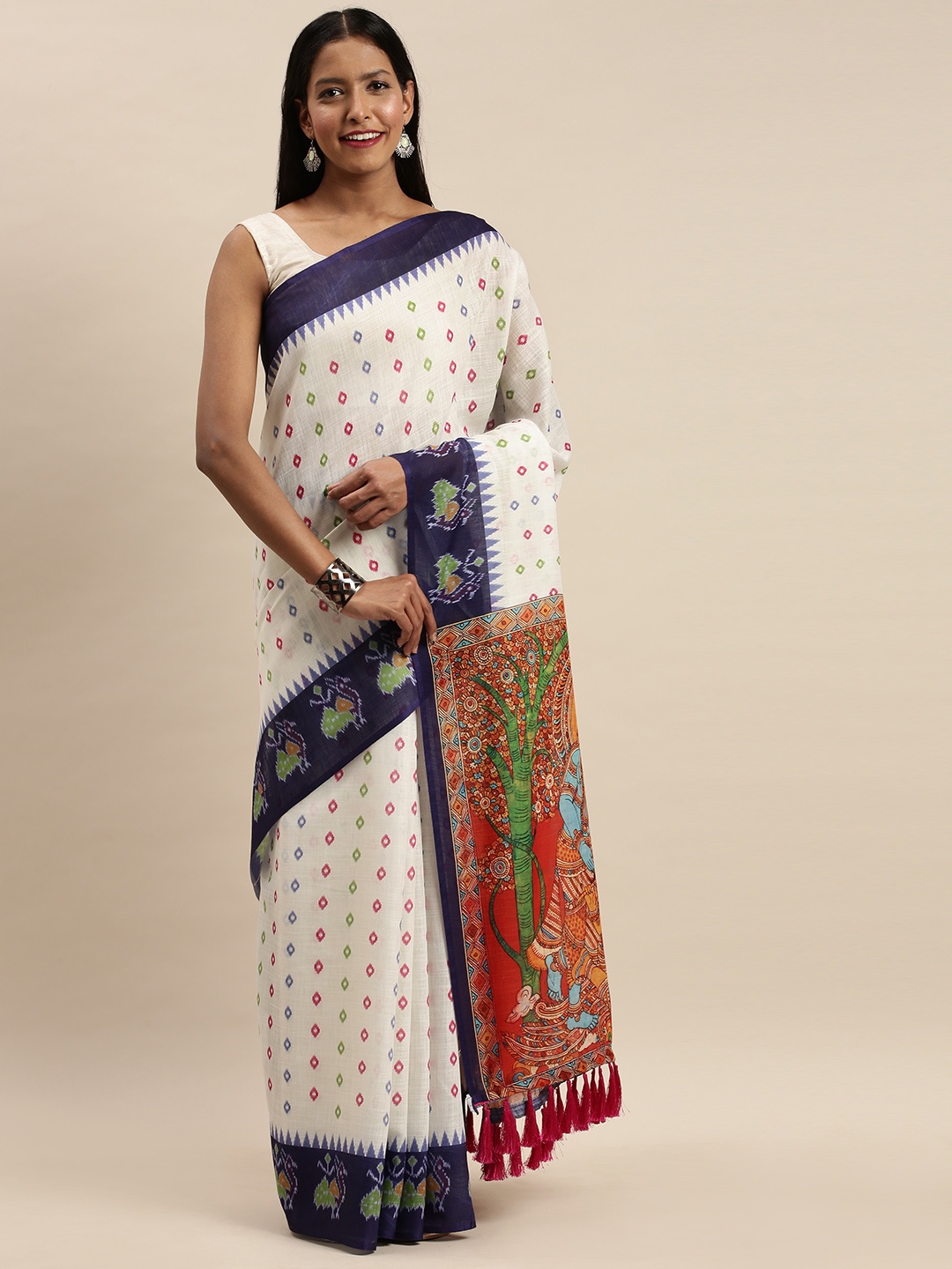 

VASTRANAND White & Purple Linen Blend Printed Bandhani Saree