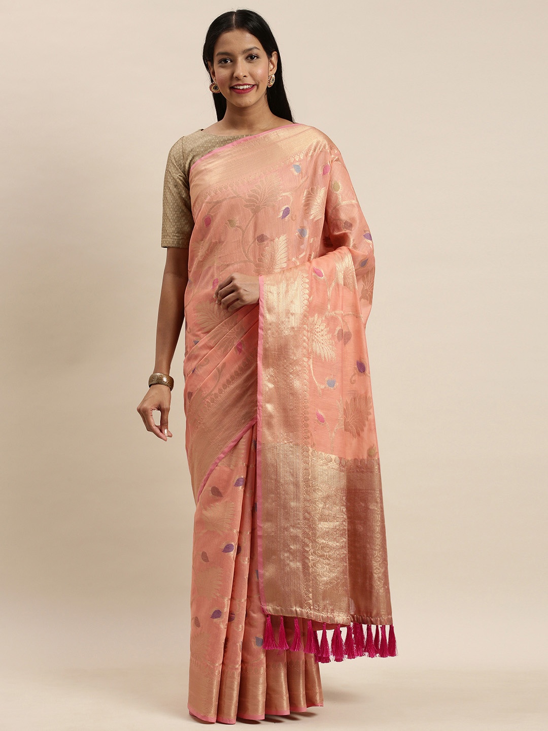 

VASTRANAND Peach-Coloured & Golden Silk Blend Woven Design Kanjeevaram Saree