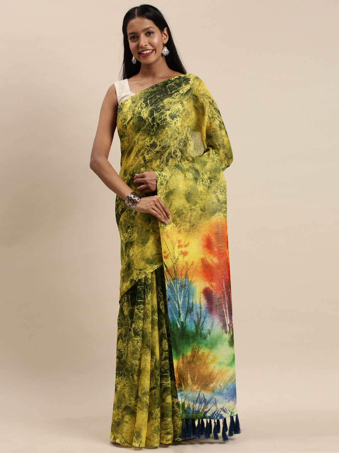 

VASTRANAND Yellow & Blue Linen Blend Printed Saree