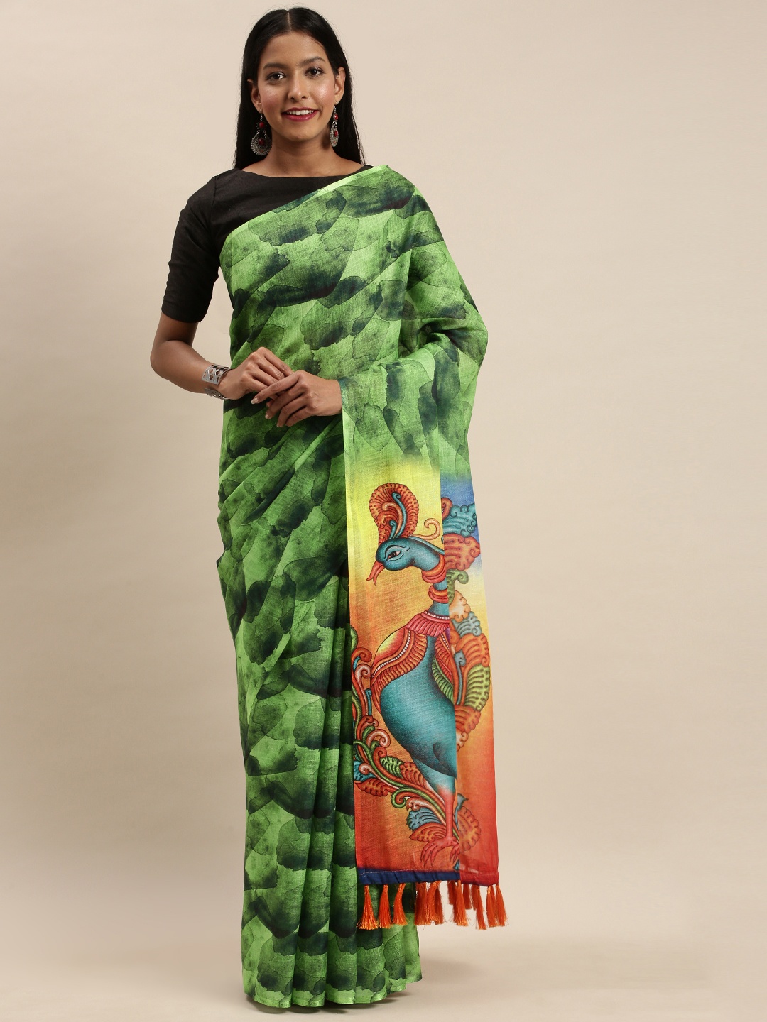 

VASTRANAND Green & Black Linen Blend Printed Saree