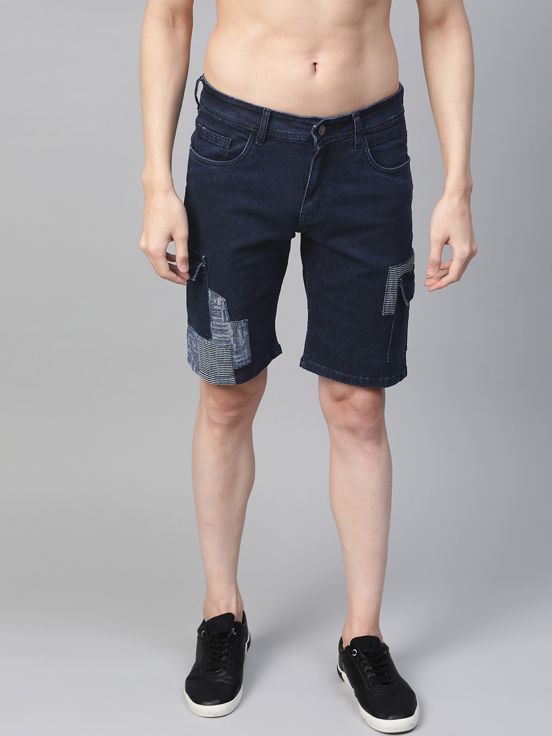 

Kook N Keech Men Navy Blue Solid Patchwork Detail Denim Shorts