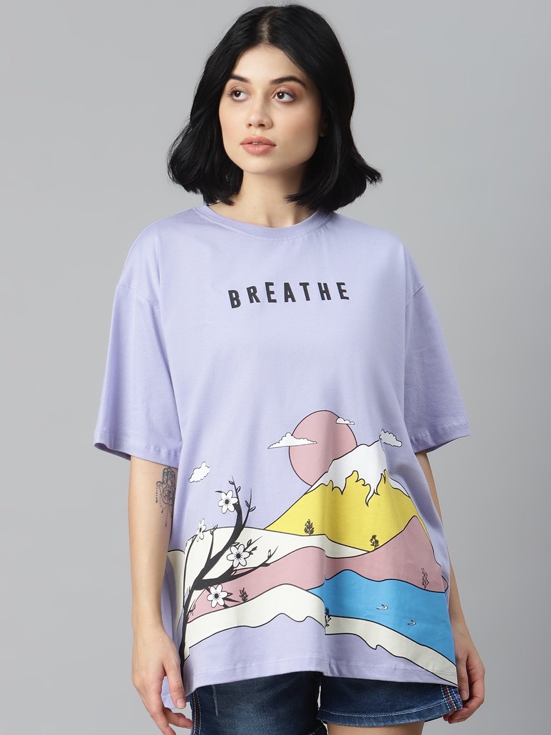 

Kook N Keech Women Lavender Cotton Oversized Printed Round Neck Longline Pure Cotton T-shirt