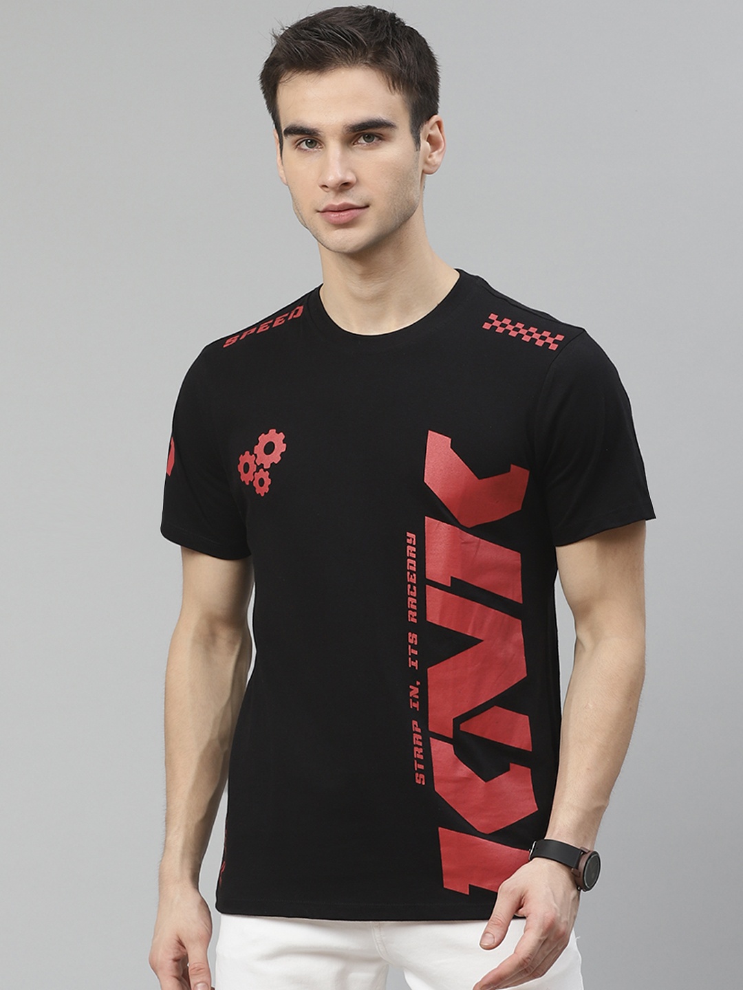 

Kook N Keech Men Black Printed Round Neck Pure Cotton T-shirt