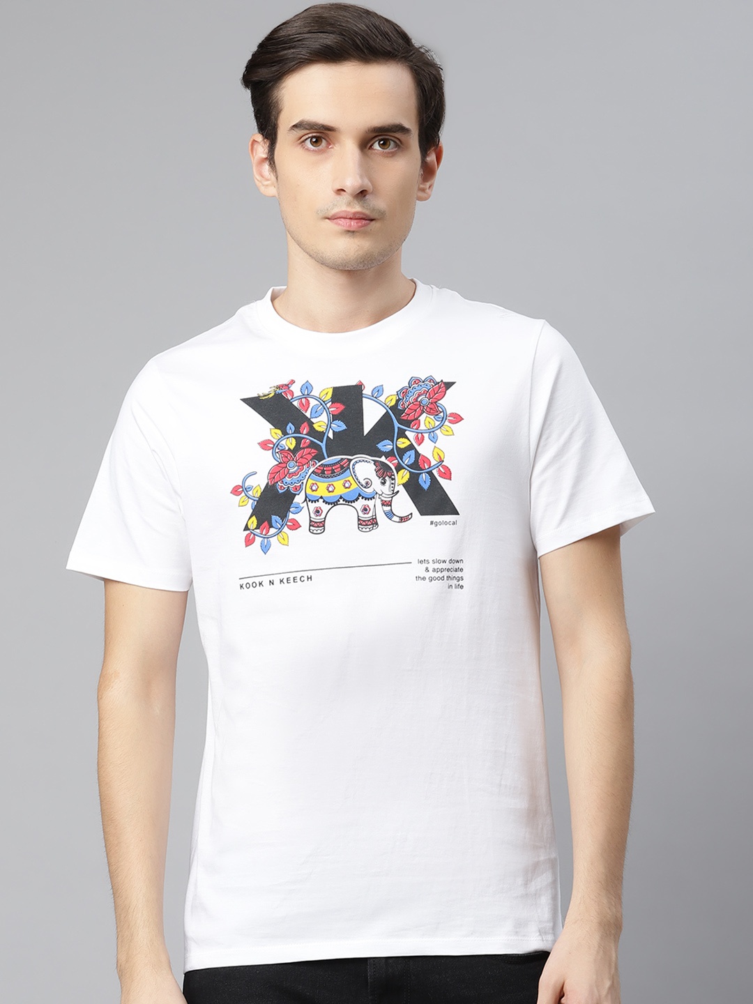 

Kook N Keech Men White Pure Cotton Kalamkari Printed Round Neck Pure Cotton T-shirt