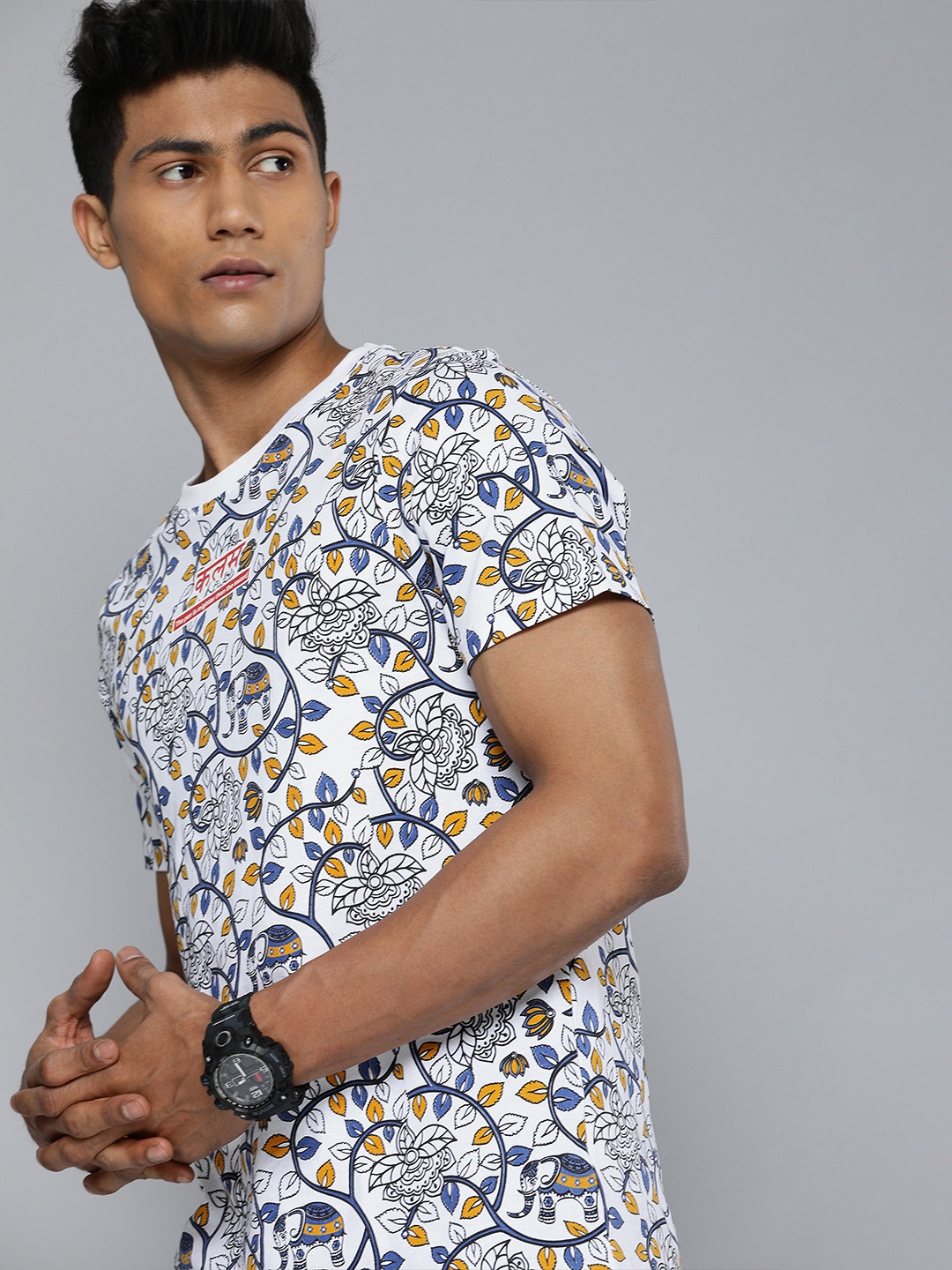 

Kook N Keech Men White Blue Ethnic Motifs Printed Kalamkari Pure Cotton T-shirt
