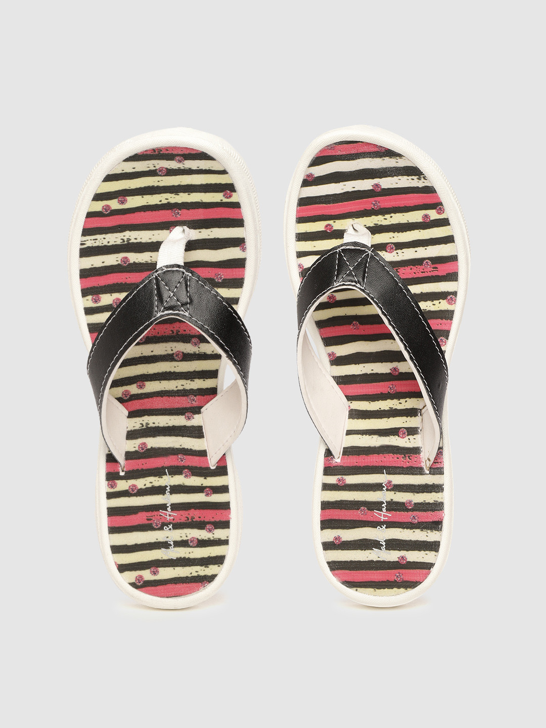 

Mast & Harbour Women Black & Cream-Coloured Striped Thong Flip-Flops