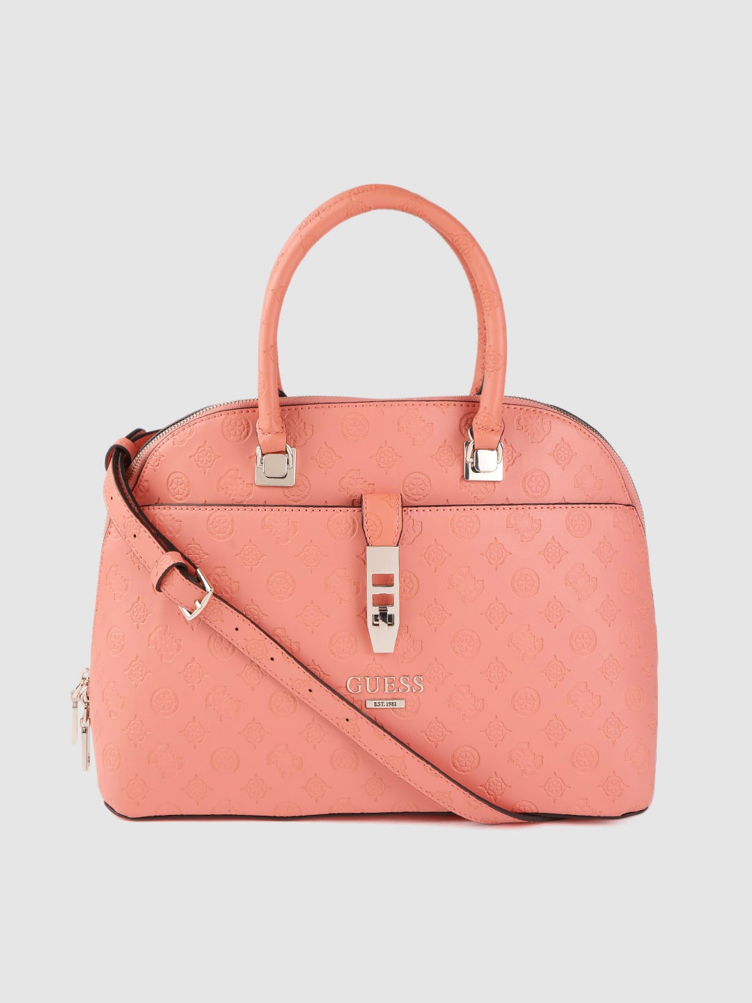 

GUESS Coral Orange Ethnic Motifs Textured Handheld Bag with Detachable Sling Strap
