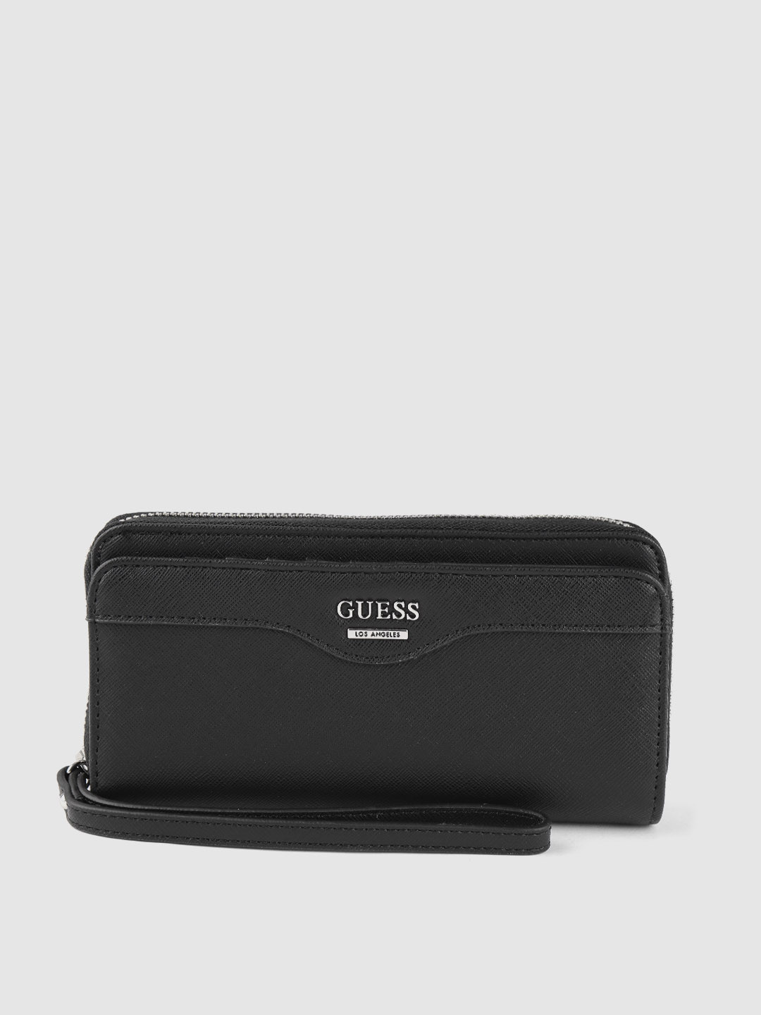 

GUESS Women Black Saffiano Effect Zip Around Wallet with Non-Detachable Flap & Wrist Loop