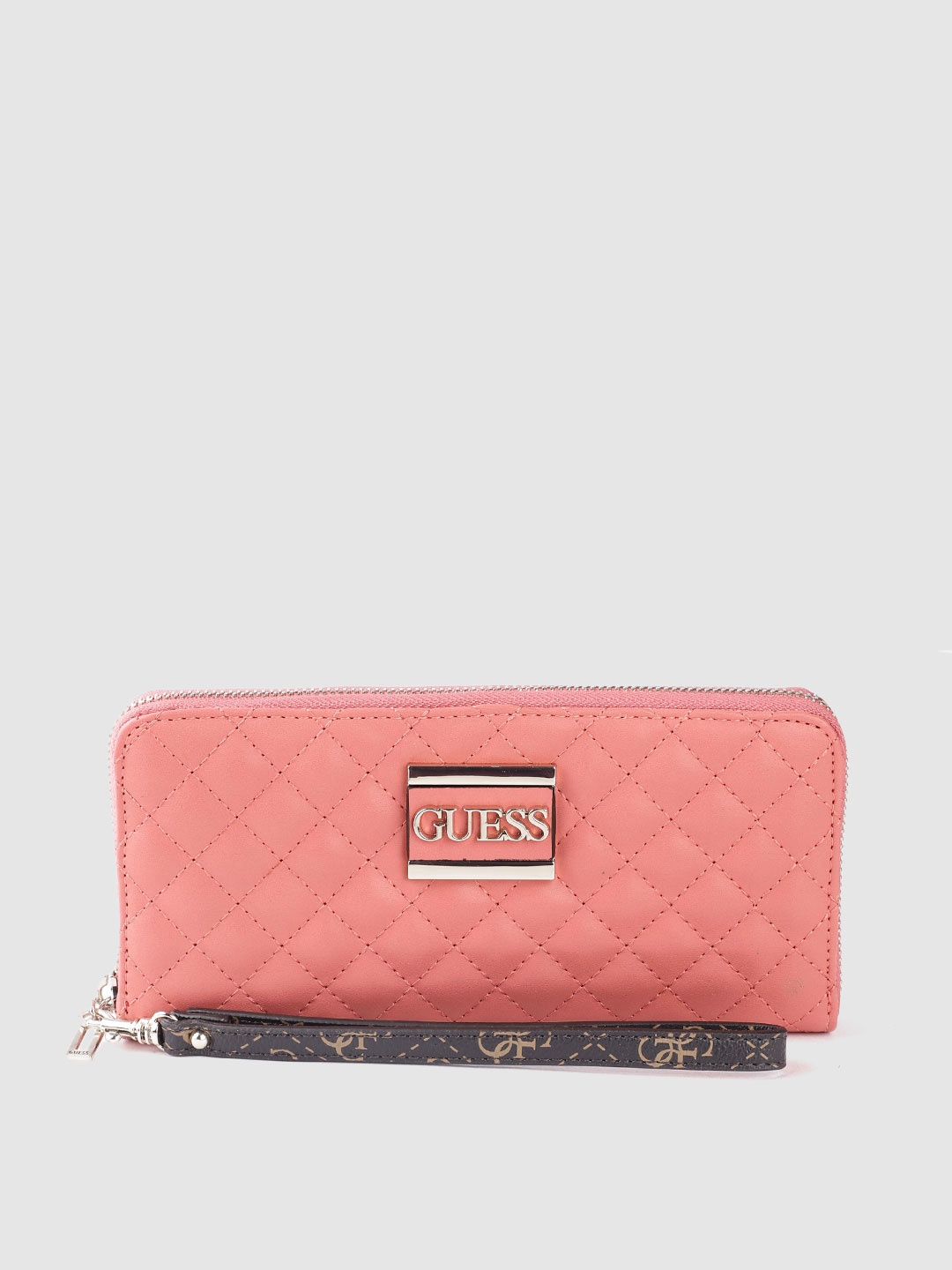 

GUESS Women Coral Orange Quilted Zip Around Wallet with Wrist Loop