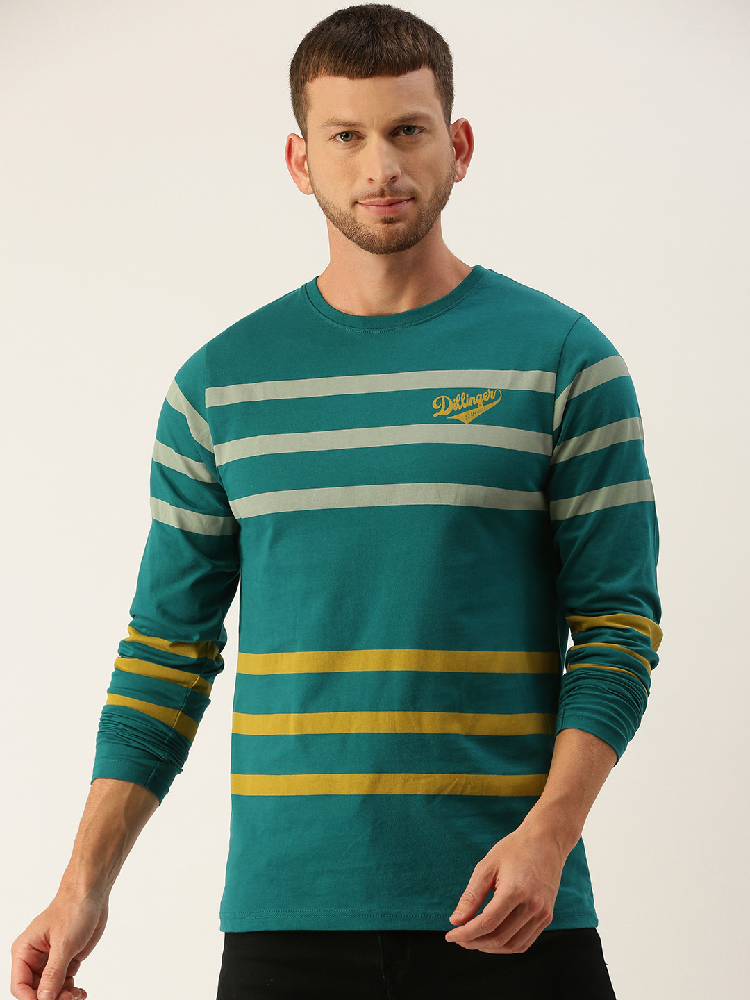 

DILLINGER Men Teal Green Yellow Striped Round Neck Pure Cotton T-shirt