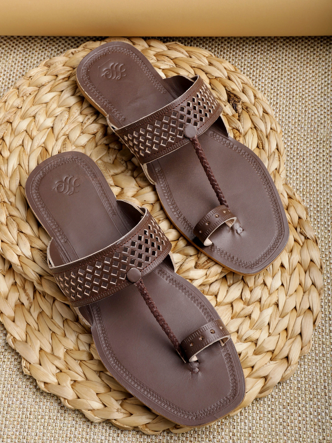 

House of Pataudi Men Brown Leather Handcrafted Cut-Out One-Toe Comfort Sandals