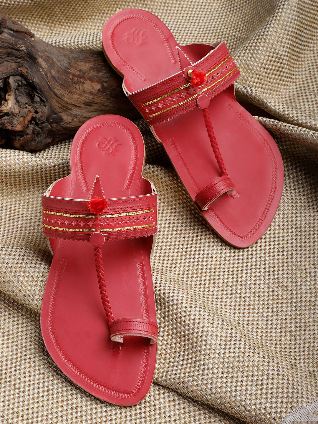 

House of Pataudi Men Red Leather Handcrafted One-Toe Comfort Sandals