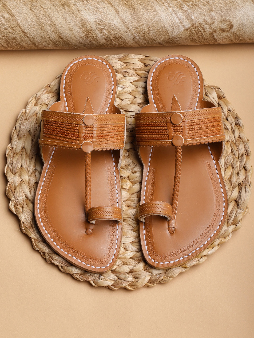 

House of Pataudi Men Tan Brown Leather Handcrafted One-Toe Comfort Sandals