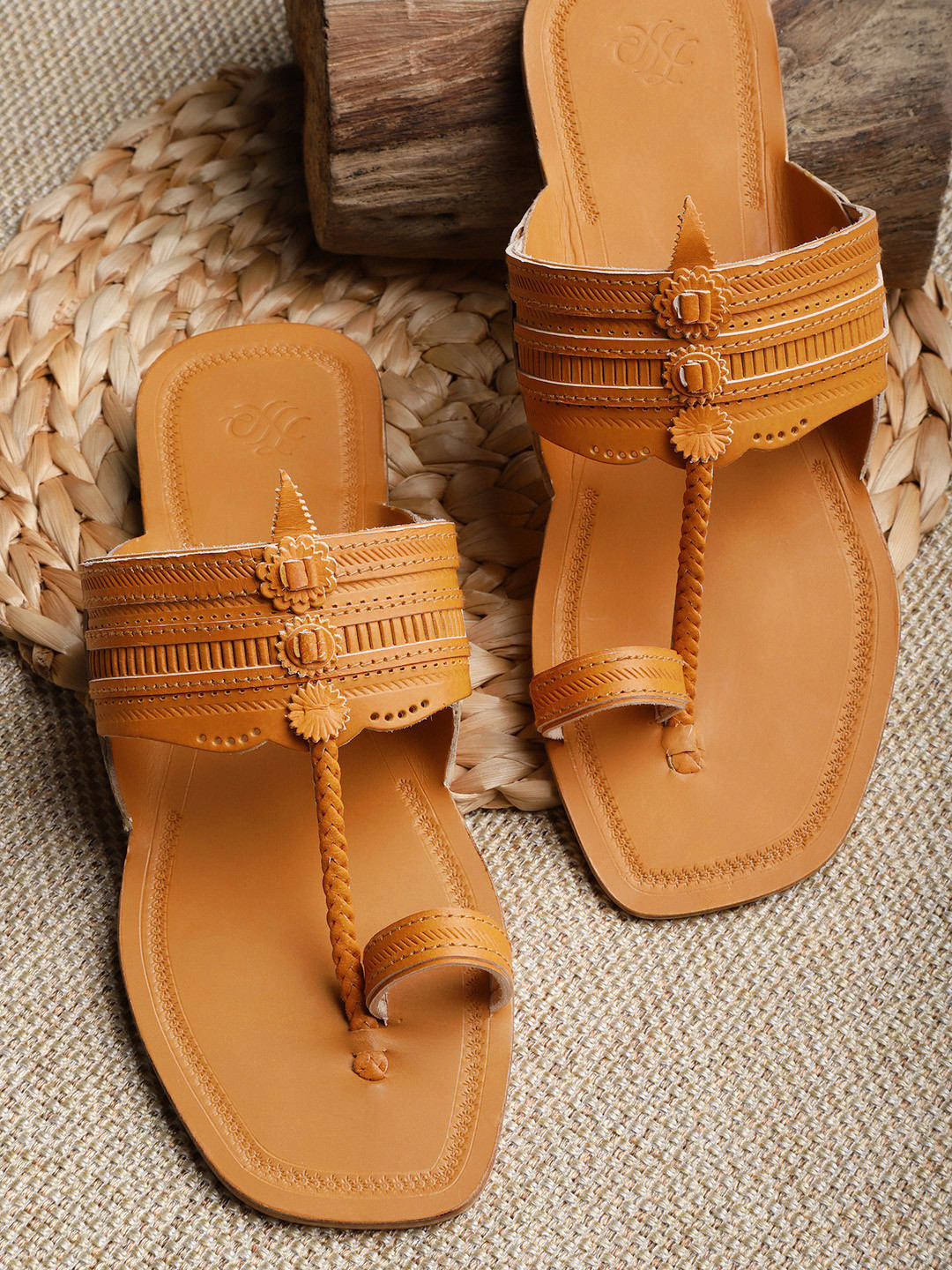 

House of Pataudi Men Mustard Yellow Leather Handcrafted One-Toe Comfort Sandals