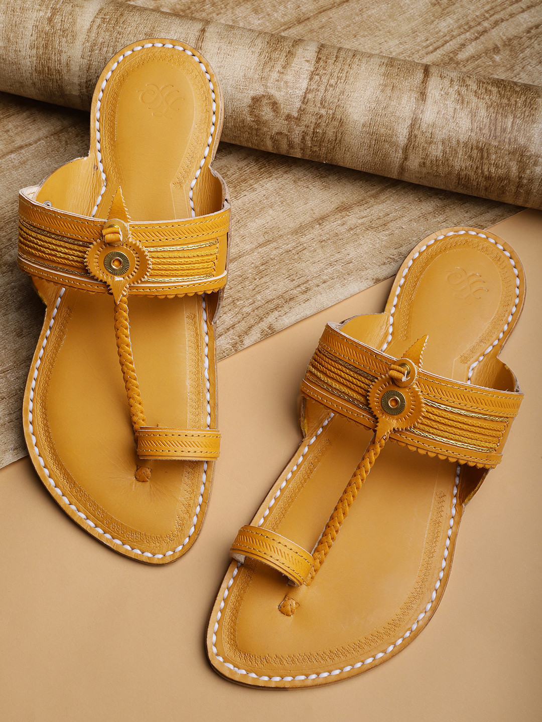 

House of Pataudi Men Mustard Yellow & Gold-Toned Solid Handcrafted Leather Comfort Sandals