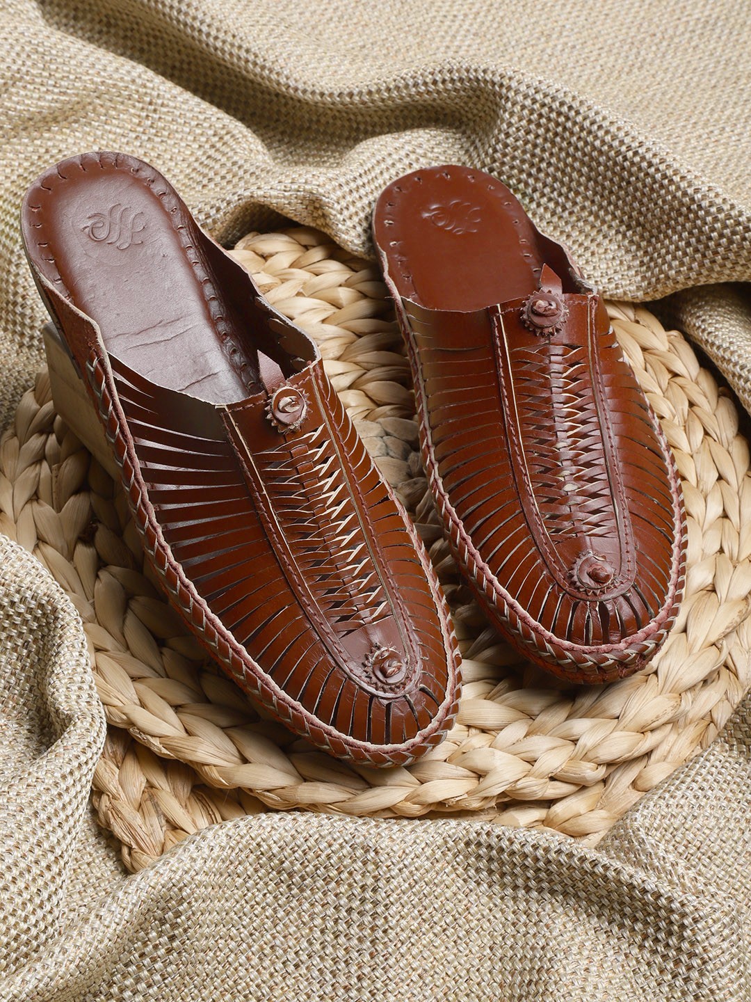 

House of Pataudi Men Brown Leather Patterned Handcrafted Mules