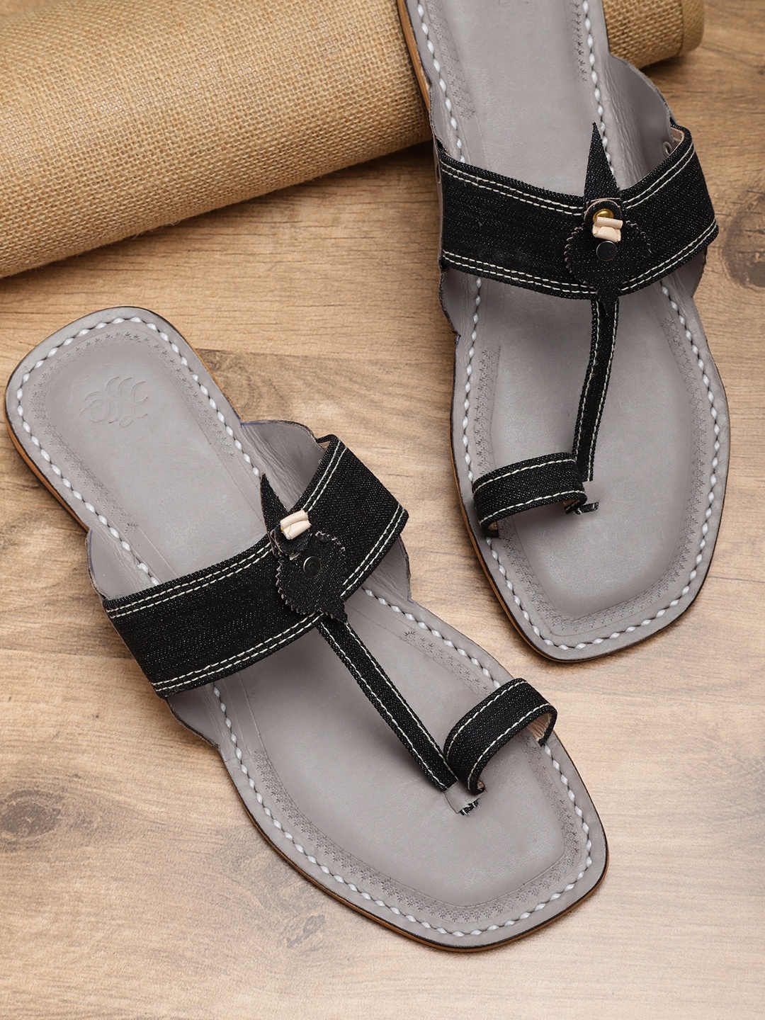 

House of Pataudi Men Black Handcrafted Denim One-Toe Sandals