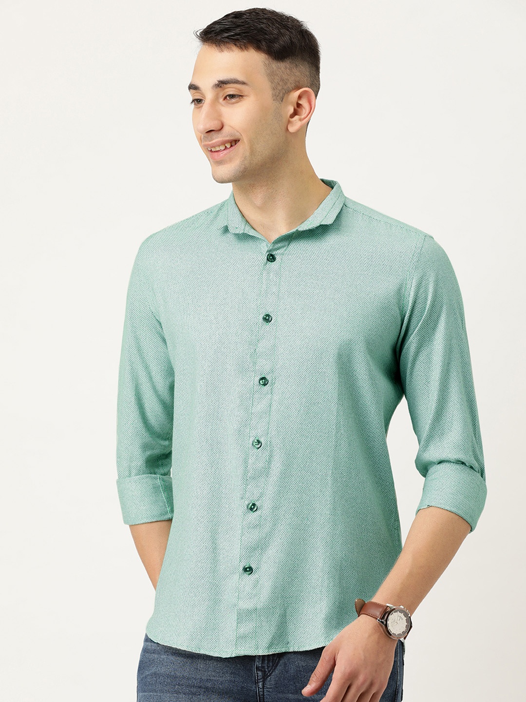 

COUPER & COLL Men Green Premium Slim Fit Self Design Casual Shirt