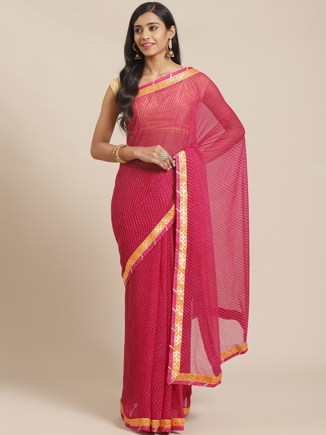 

Mitera Pink Leheriya Printed Saree