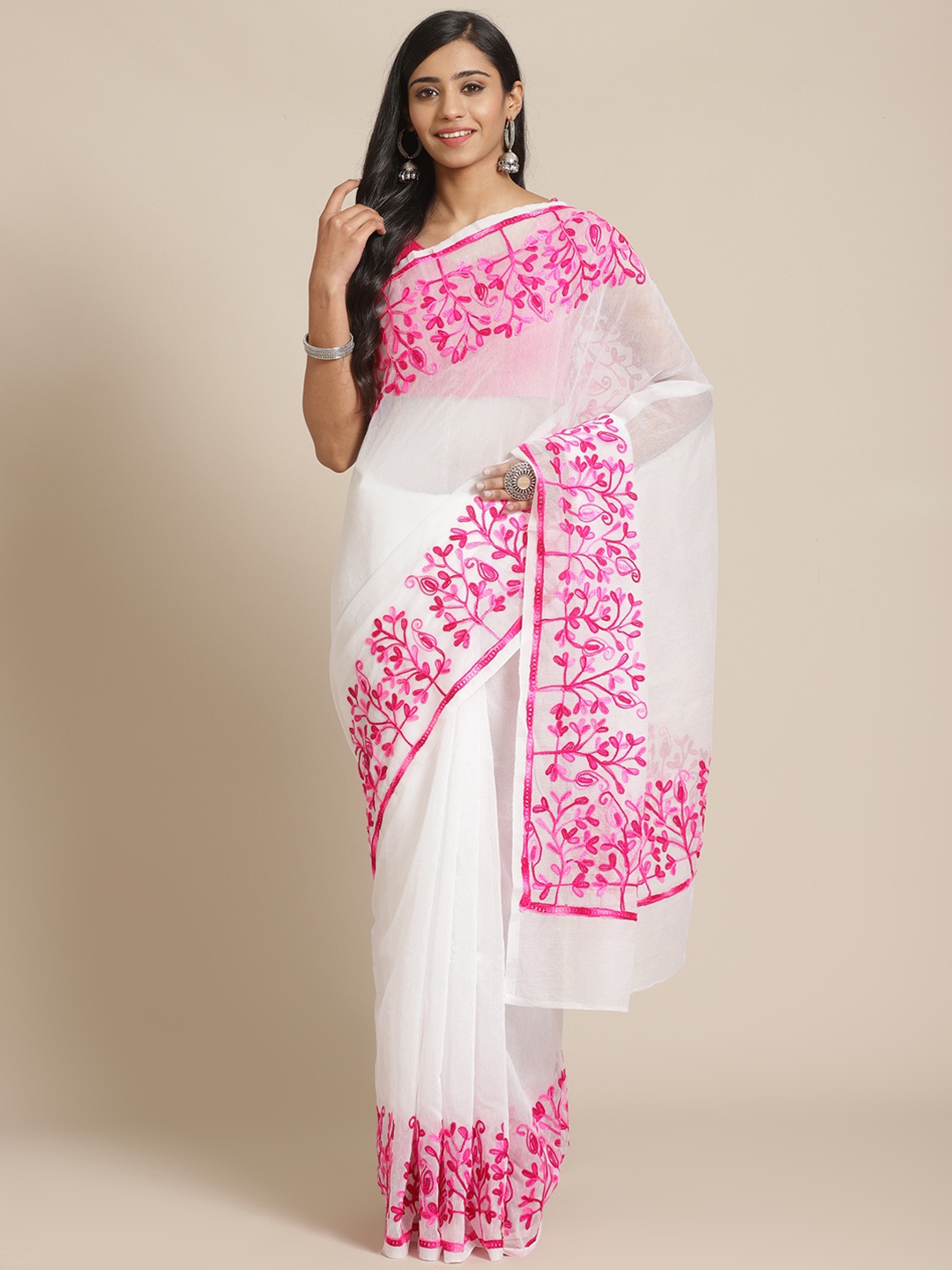 

Mitera White & Pink Pure Cotton Solid Saree