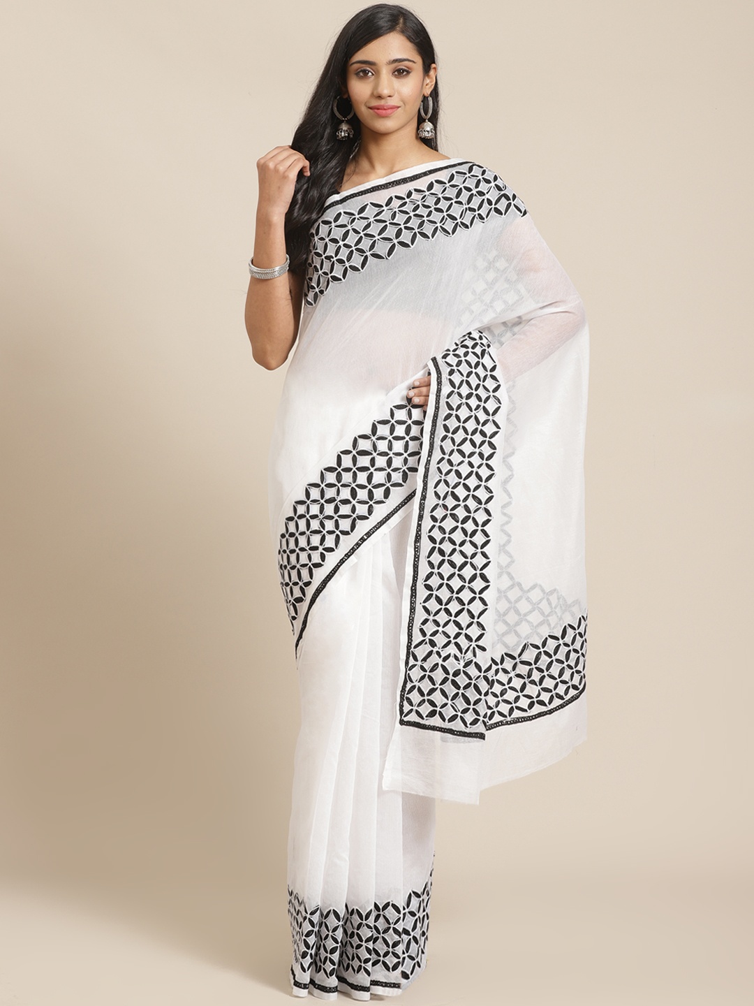 

Mitera White & Black Pure Cotton Solid Saree