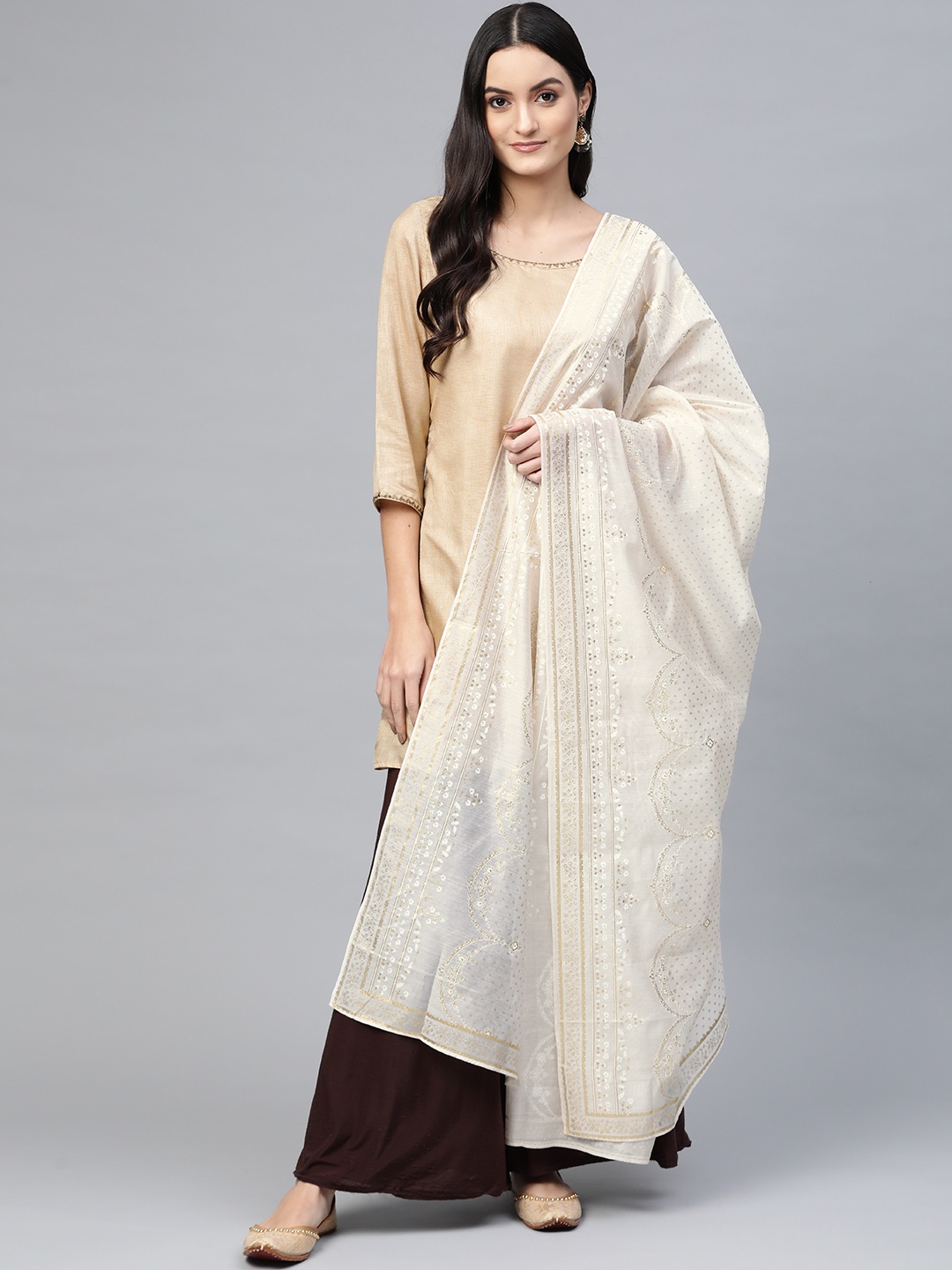 

W Off-White & Golden Printed Dupatta