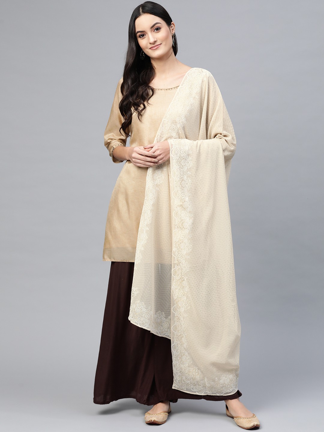 

W Off-White & Golden Printed Dupatta