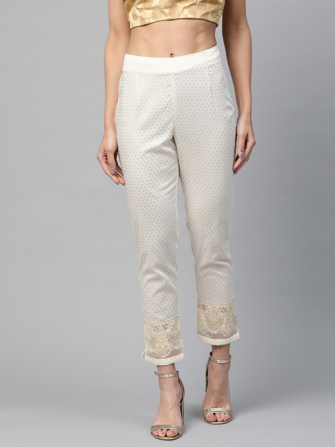 

W Women Beige & Golden Slim Fit Printed Cigarette Trousers