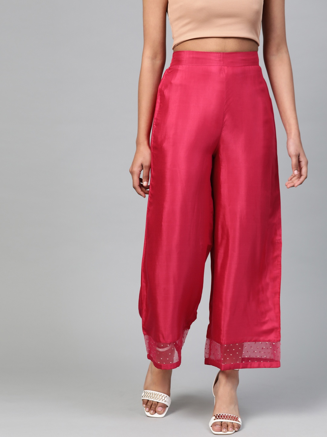 

W Women Pink Hem Design Wide Leg Palazzos