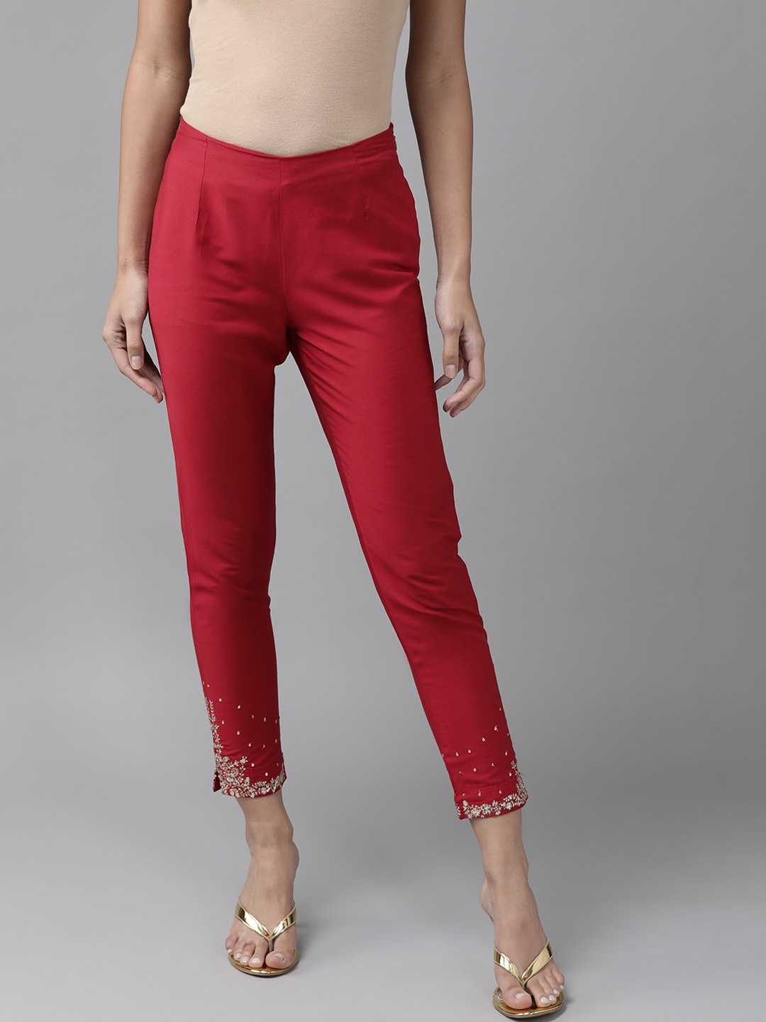 

W Women Maroon Ethnic Motifs Embellished Relaxed Fit Cigerette Trousers