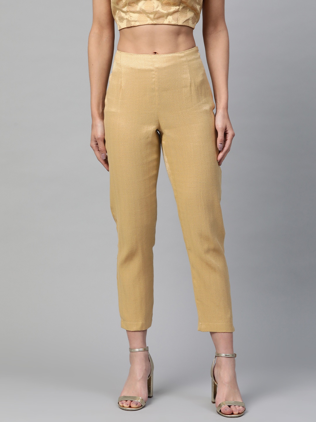 

W Women Golden Slim Fit Self Design Cropped Cigarette Trousers, Gold
