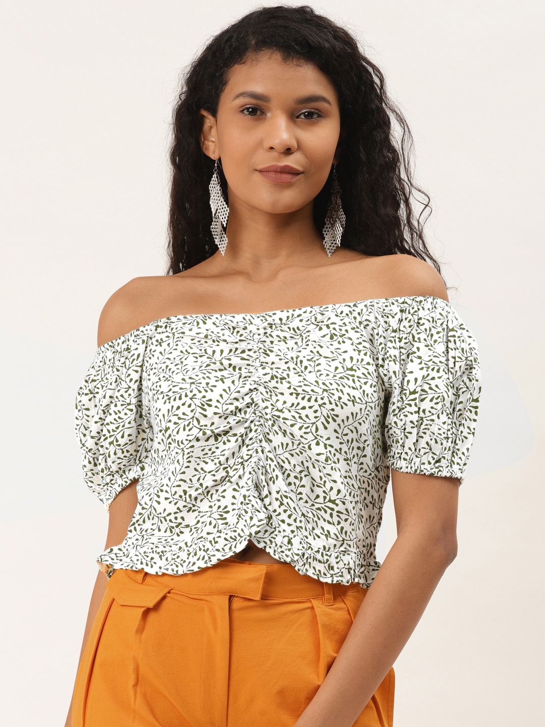

Off Label Women White & Olive Green Leaf Printed Off-Shoulder Cropped Fitted Top