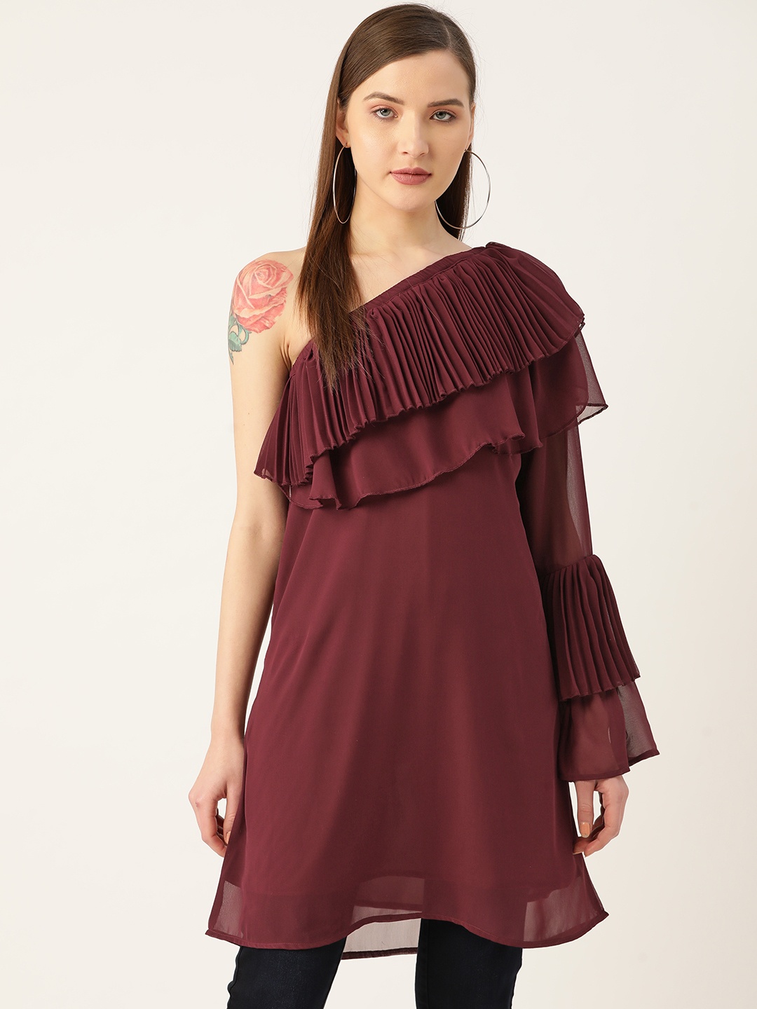 

Off Label Women Burgundy One-Shoulder Longline Solid Top
