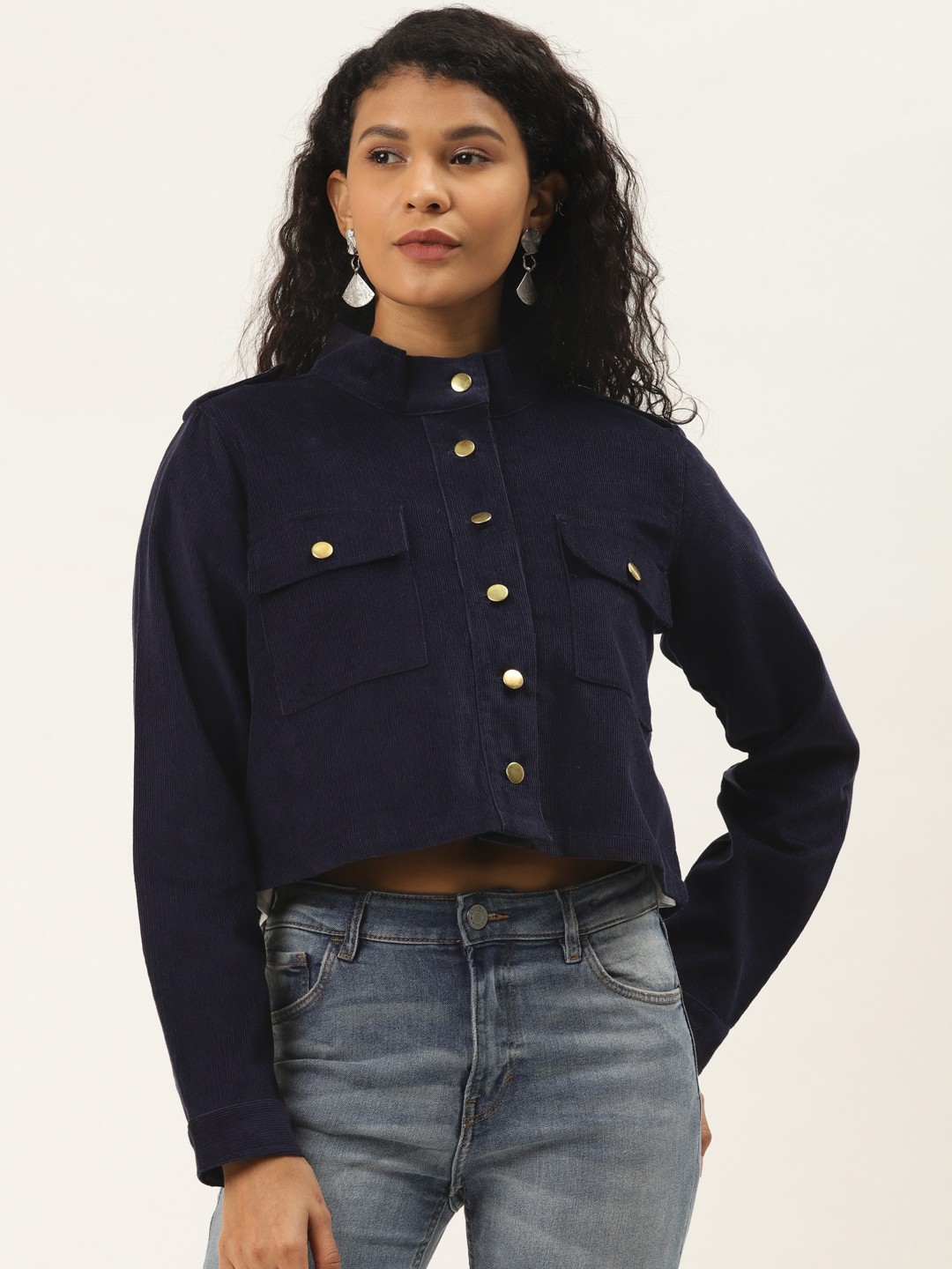 Off Label Women Navy Blue Corduroy Pure Cotton Solid Lightweight Crop Tailored Jacket