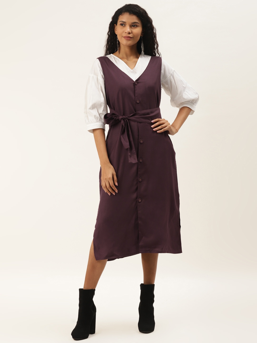 

Off Label Women Maroon Solid Pinafore Dress With Top