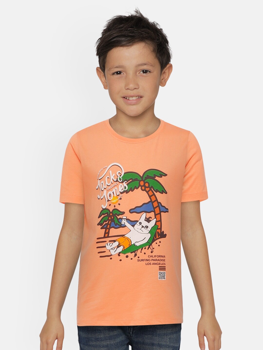 

Jack & Jones Boys Orange Printed Organic Cotton JJJR CALVERT SS Sustainable T-shirt