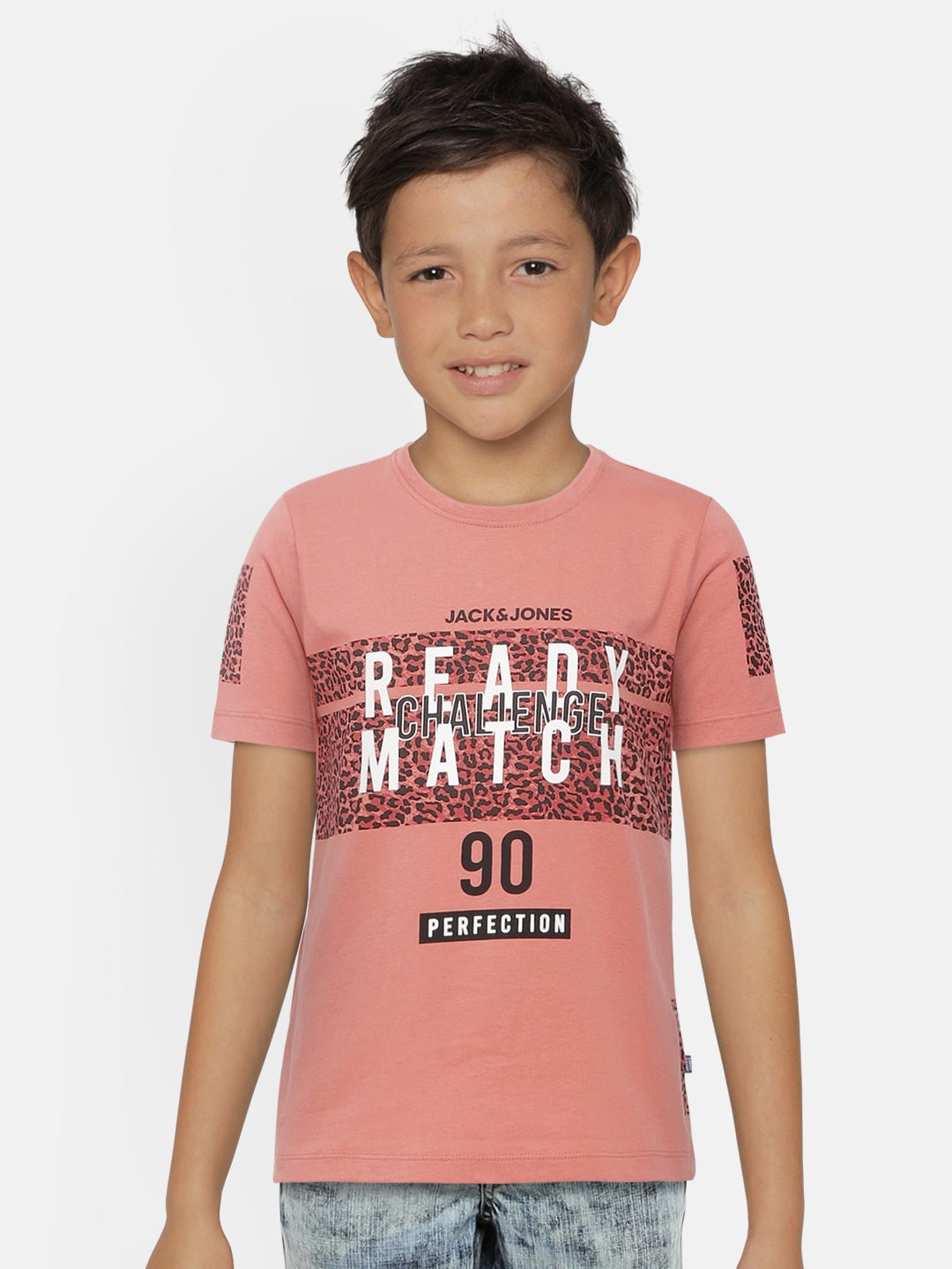 

Jack & Jones Boys Coral Pink Printed Cotton Round Neck T-shirt