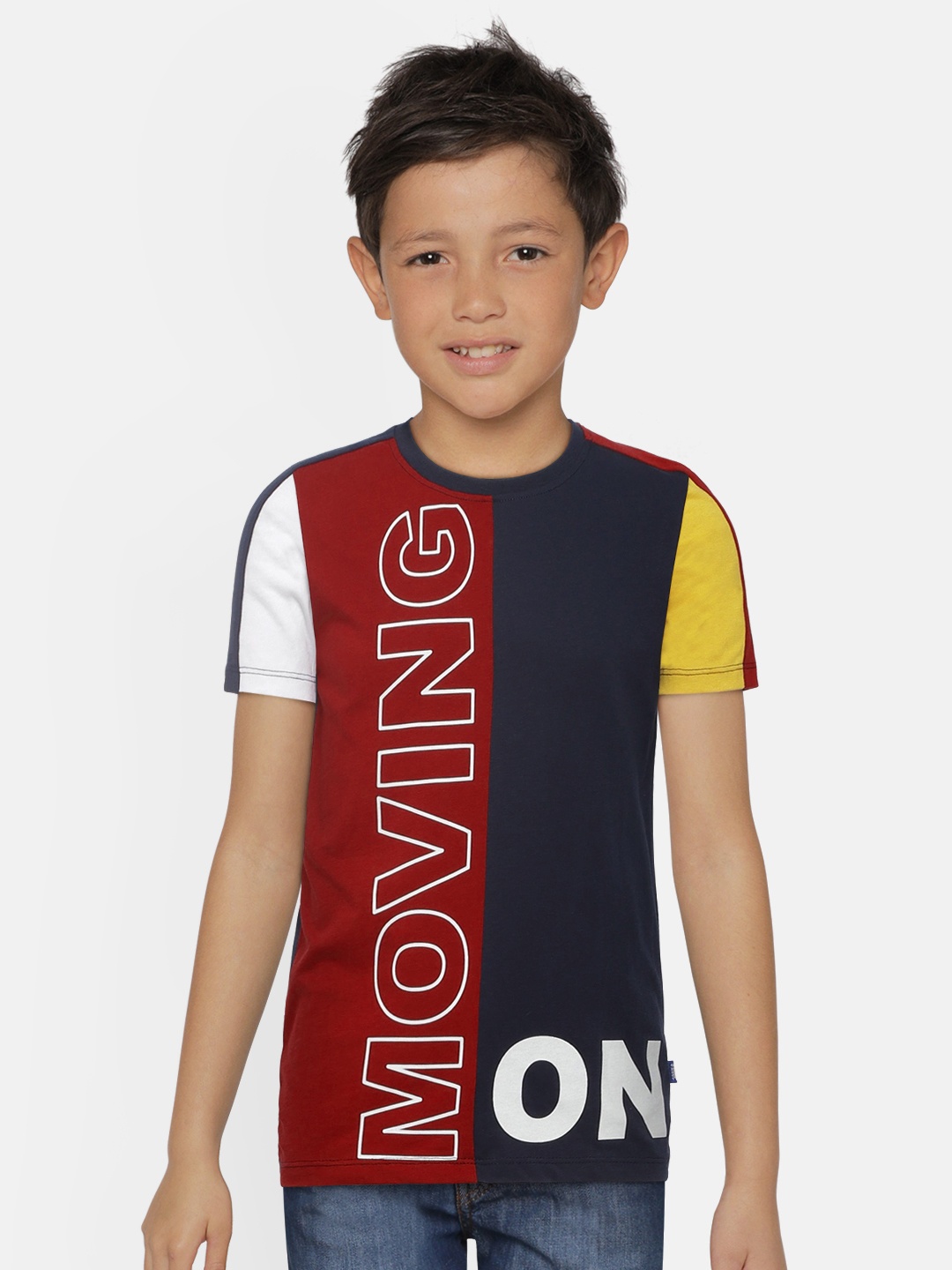 

Jack & Jones Boys Navy Blue & Maroon Printed Round Neck T-shirt