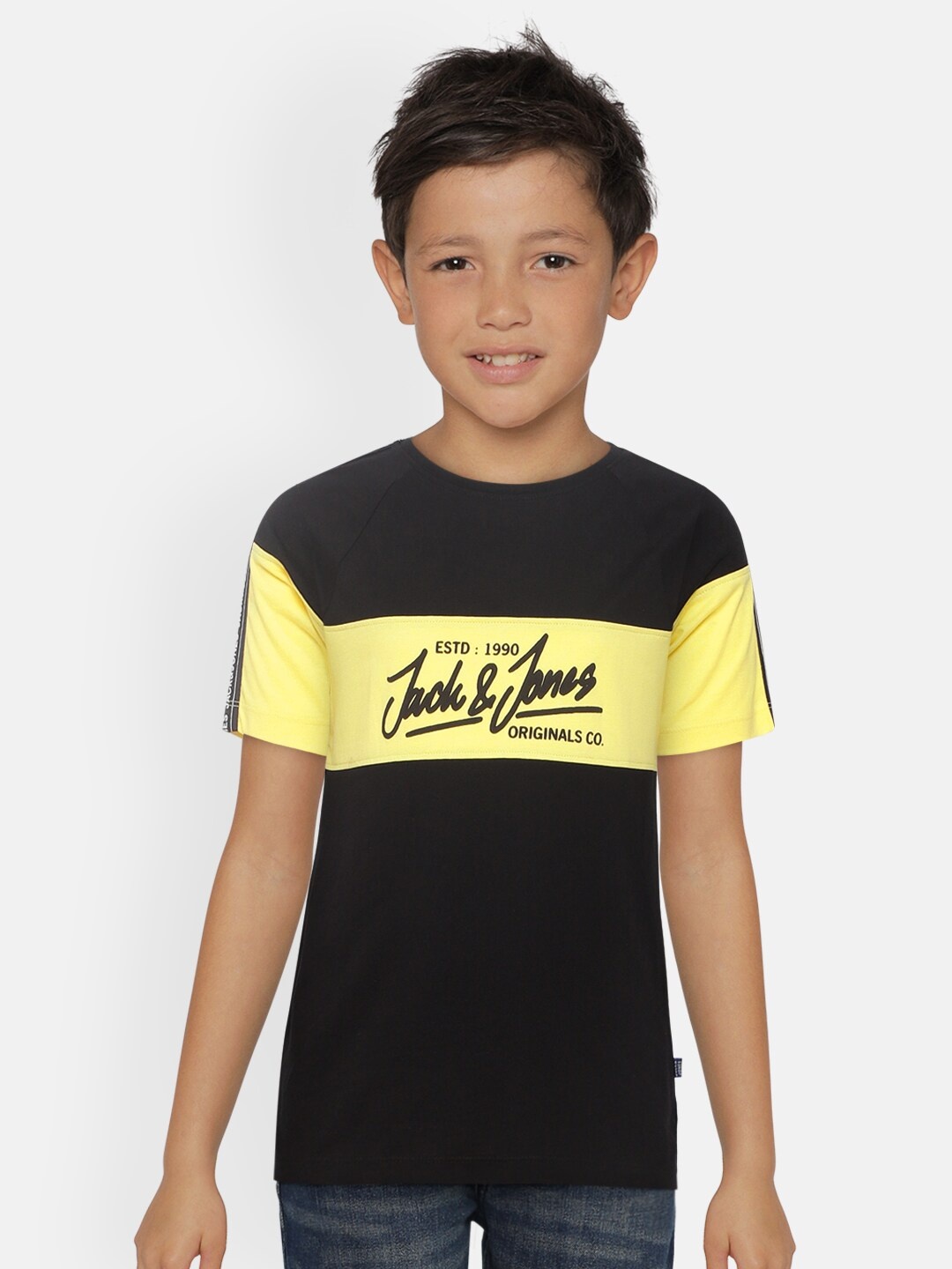 

Jack & Jones Boys Black & Yellow Colourblocked JJJR DRAM SS Round Neck Cotton T-shirt