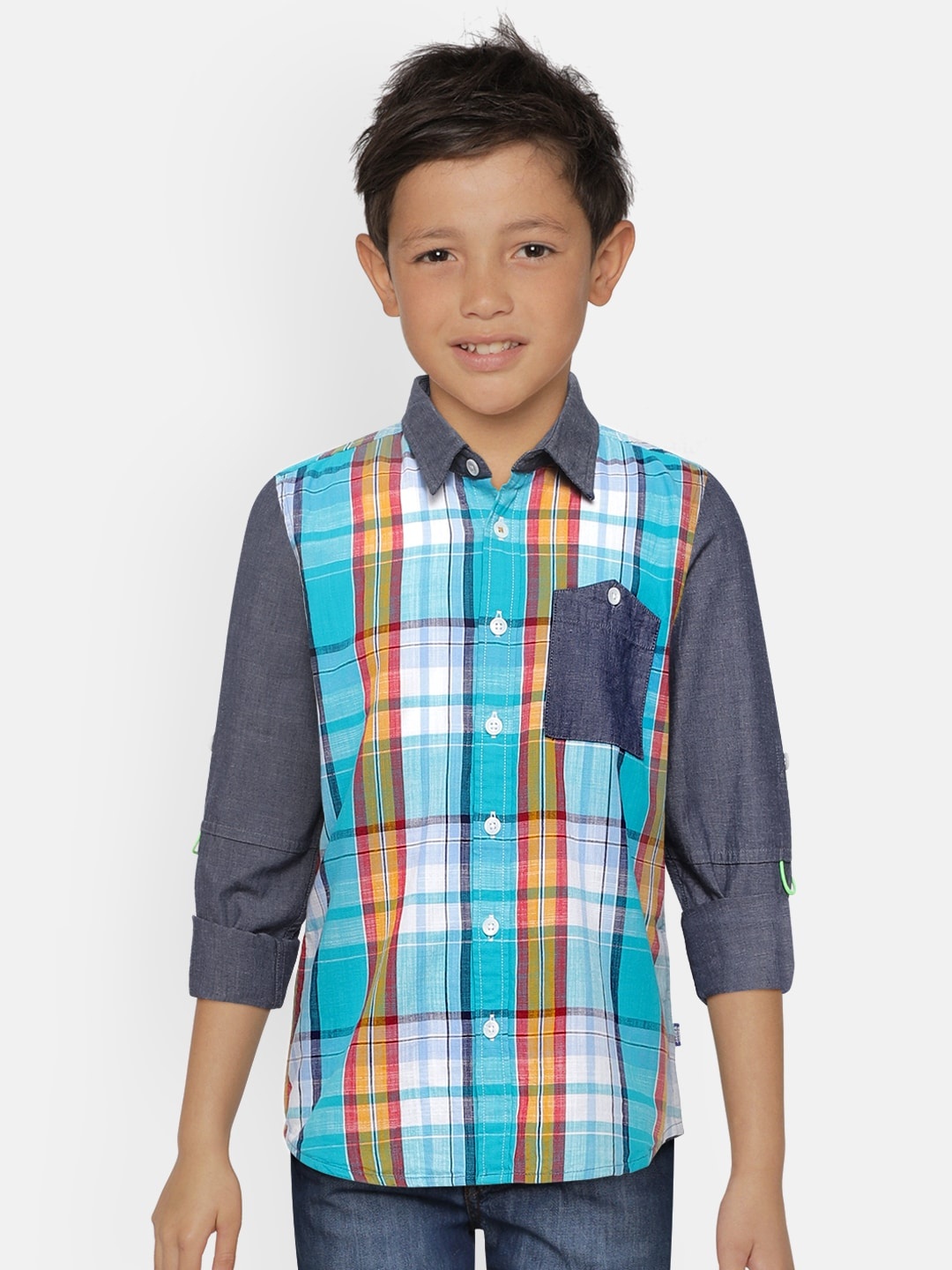 

Jack & Jones Boys Blue & Yellow Slim Fit Checked NEON CHECK LS Cotton Casual Shirt