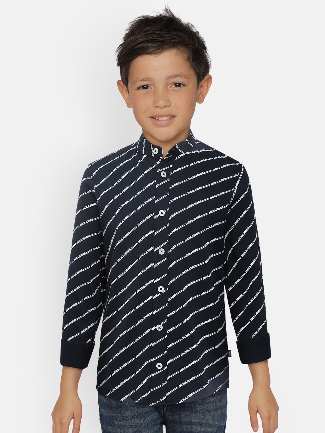 

Jack & Jones Boys Navy Blue & White Slim Fit Striped ROONEY AOP LS KN Cotton Casual Shirt