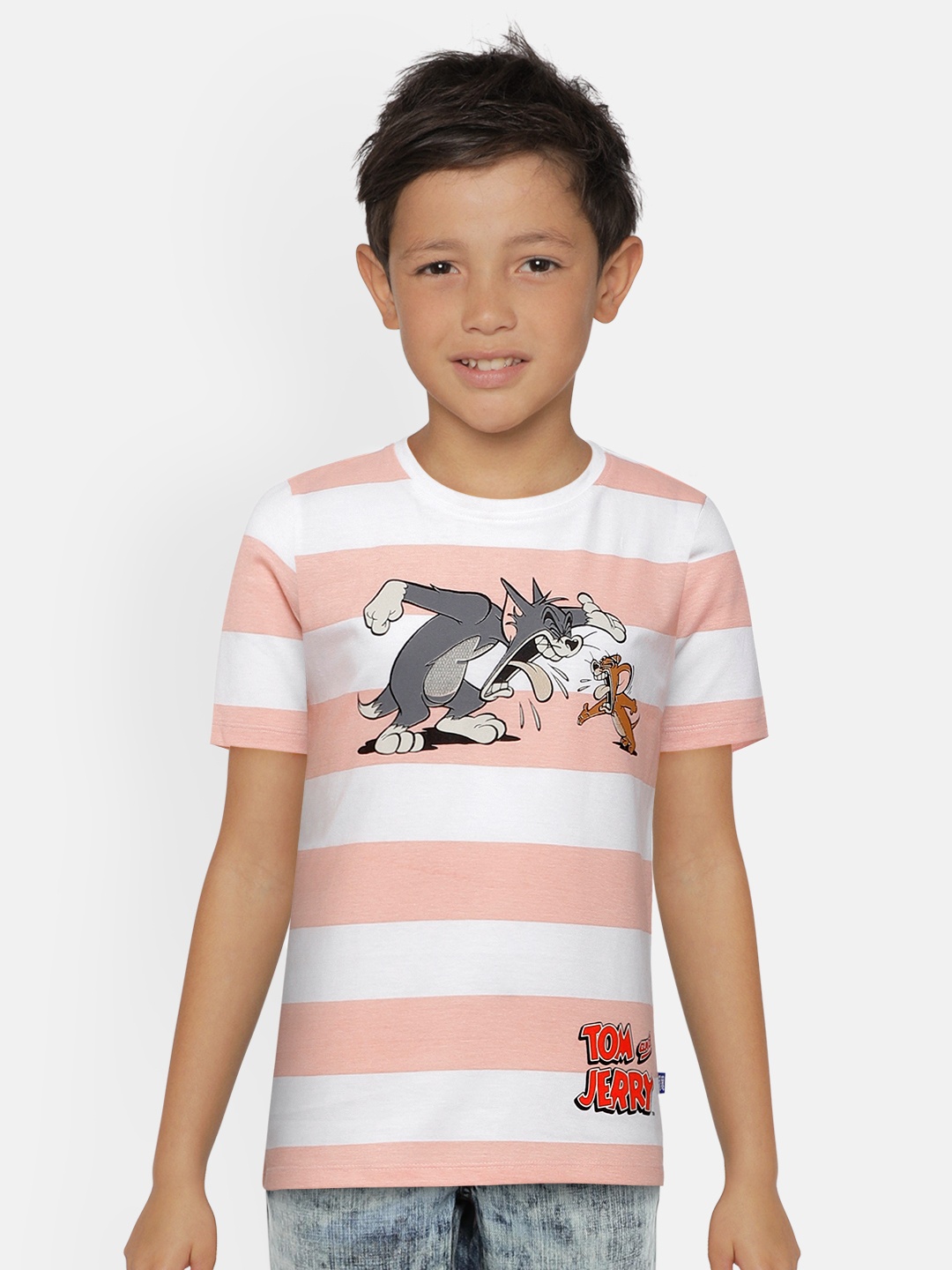 

Jack & Jones Boys Pink & White Striped Tom & Jerry SS Round Neck T-shirt